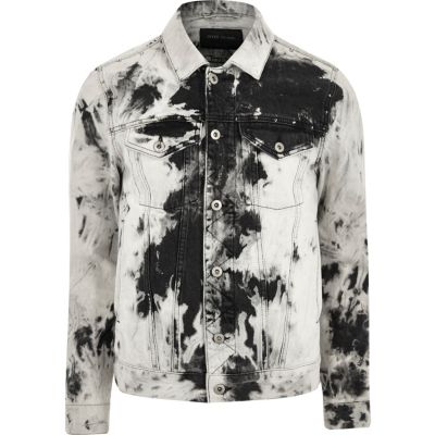Black and white acid wash denim jacket